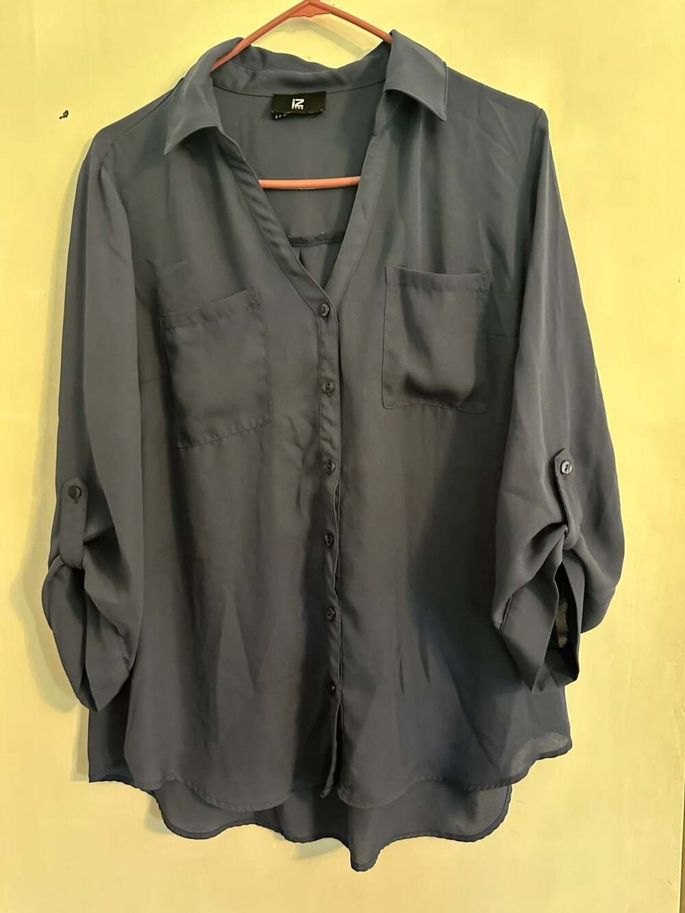 IZ Byer Blouse Size XL Blue Long Roll Tab Sleeve Chiffon Pocket Shirt